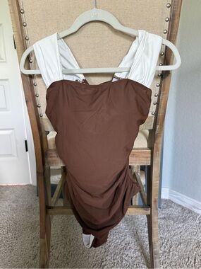 Women's Brown and White One-Piece Swimsuit with Wide Straps